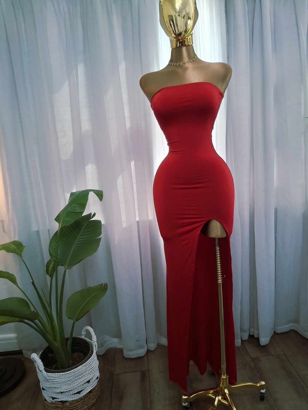 Strapless Red Maxi Dress with Thigh Slit